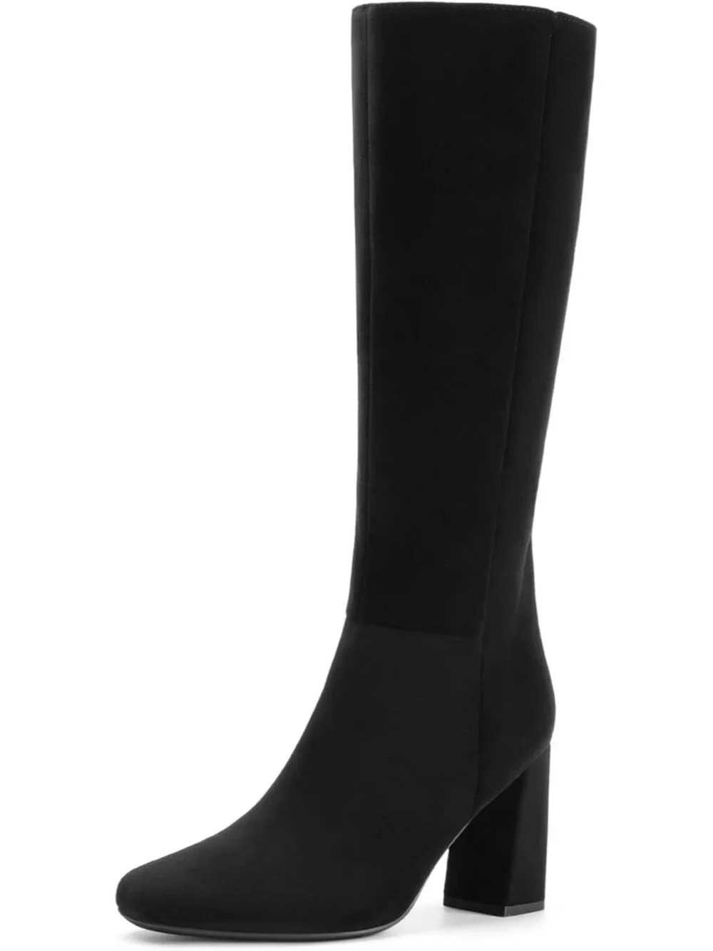 Women's Black Suede Sleek Modern Style Block Heel Square Toe Knee High Boots